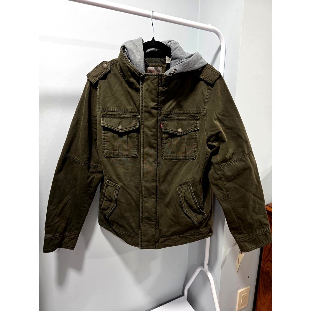 Levi's Olive Green Hooded Field Jacket Men's S Grey Hood Multi Pocket $150